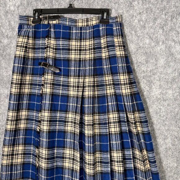 Vintage 100% Wool Blue Plaid Pleated Maxi Wrap Skirt Academia M - Picture 3 of 8